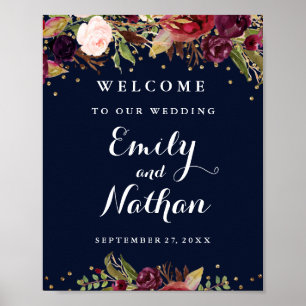 Póster Cartel de bienvenida de boda burgundy oro azul flo