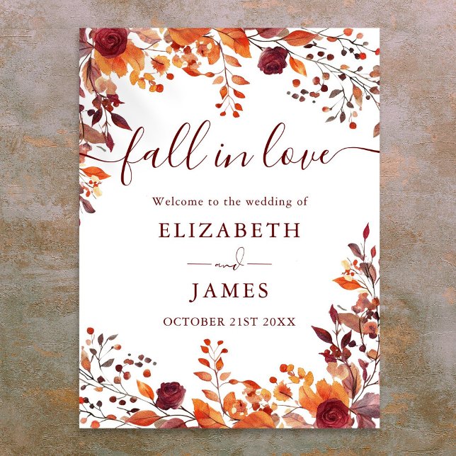 Póster Cartel de bienvenida de boda Burgundy Rustic Fall  (Burgundy Rustic Fall In Love Wedding Welcome Sign)
