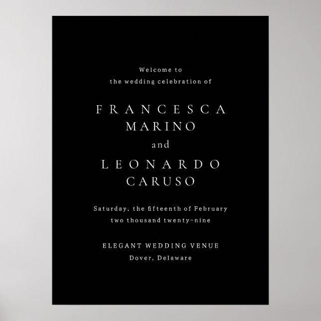 Póster Cartel de bienvenida de boda clásico negro simple (Frente)