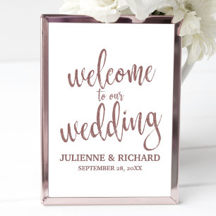 Póster Cartel de Bienvenida de Boda con Brillo de Oro Ros