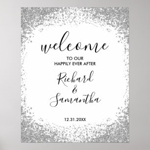 Póster Cartel de bienvenida de boda con brillo de plata