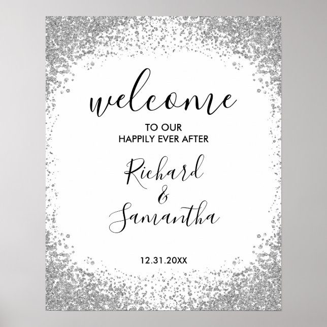 Póster Cartel de bienvenida de boda con brillo de plata (Frente)