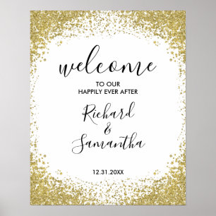 Póster Cartel de bienvenida de boda con brillo dorado