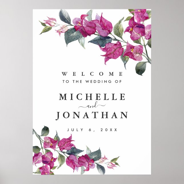 Póster Cartel de bienvenida de boda con buganvilla medite (Frente)