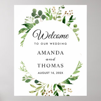 Póster Cartel de bienvenida de boda con corona de hojas v