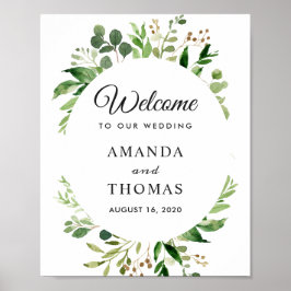 Póster Cartel de bienvenida de boda con corona de hojas v