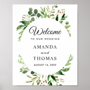 Póster Cartel de bienvenida de boda con corona de hojas v