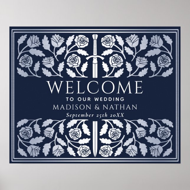Póster Cartel de bienvenida de boda con espada de plata a (Frente)