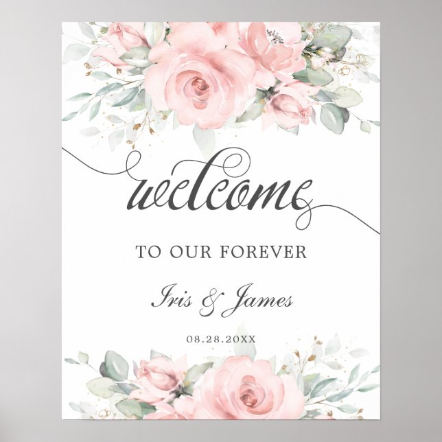 Póster Cartel de bienvenida de boda con flora verde y rub (Frente)