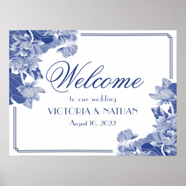 Póster Cartel de bienvenida de boda con flores azules est (Frente)
