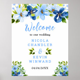 Póster Cartel de bienvenida de boda con flores azules y m
