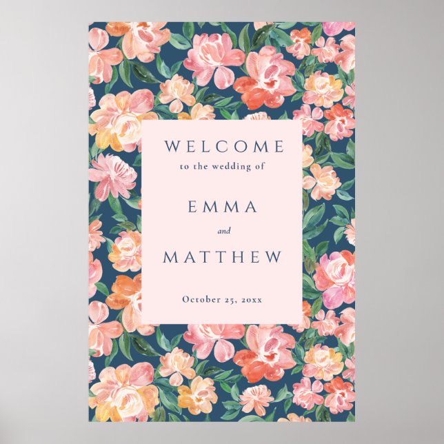 Póster Cartel de bienvenida de boda con flores de acuarel (Frente)
