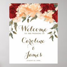 Cartel de bienvenida de boda con flores de melocot
