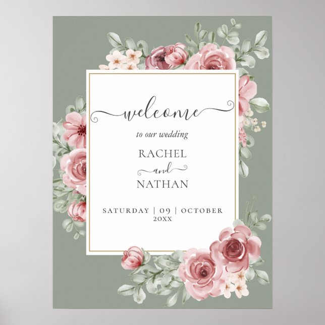 Póster Cartel de bienvenida de boda con flores de rosas e (Frente)