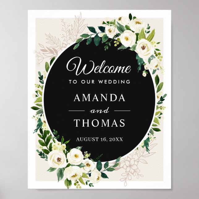 Póster Cartel de bienvenida de boda con flores de vegetac (Frente)