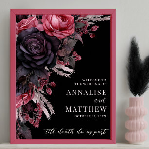 Póster Cartel de bienvenida de boda con flores negras gót
