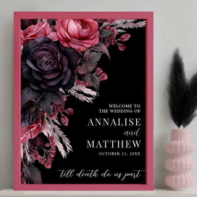 Póster Cartel de bienvenida de boda con flores negras gót (Gothic Black Floral Wedding Welcome Sign)