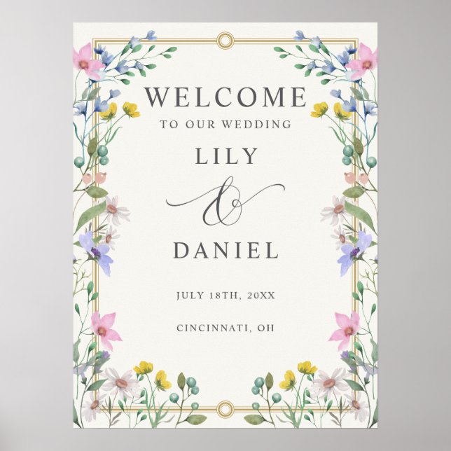 Póster Cartel de bienvenida de boda con flores silvestres (Frente)