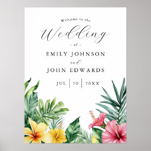 Póster Cartel de bienvenida de boda con flores tropicales