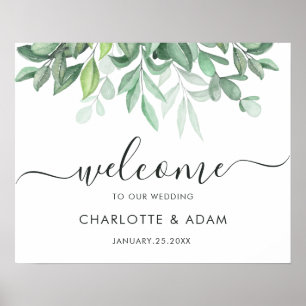 Póster Cartel de bienvenida de boda con follaje verde de 