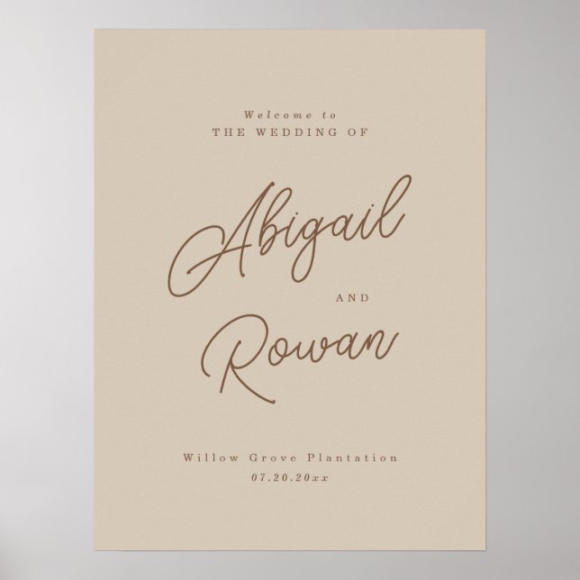 Póster Cartel de bienvenida de boda con guión beige boho  (Frente)