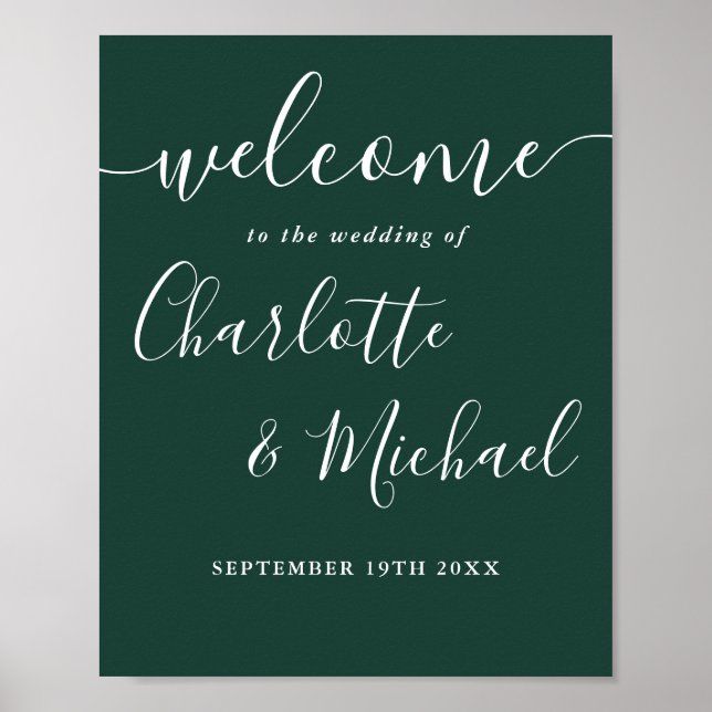Póster Cartel de bienvenida de boda con guión Chic Verde  (Frente)
