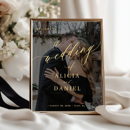 Póster Cartel de bienvenida de boda con guión dorado y fo