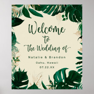 Póster Cartel de bienvenida de boda con hojas tropicales