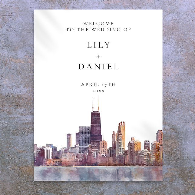 Póster Cartel de bienvenida de boda con horizonte de Chic (Chicago Skyline Wedding Welcome Sign)