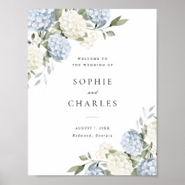 Póster Cartel de bienvenida de boda con hortensia azul fl