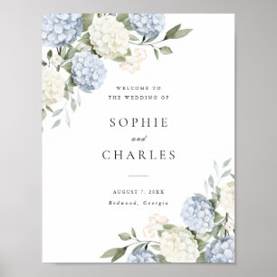 Póster Cartel de bienvenida de boda con hortensia azul fl