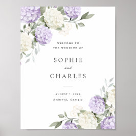Póster Cartel de bienvenida de boda con hortensia púrpura