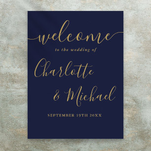 Póster Cartel de bienvenida de boda con letra dorada y az