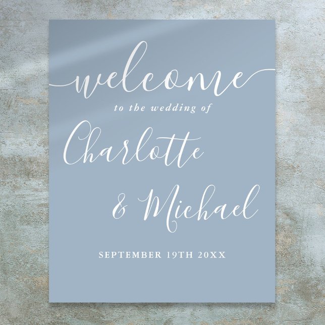 Póster Cartel de bienvenida de boda con letra script de f (Dusty Blue Signature Script Wedding Welcome Sign)