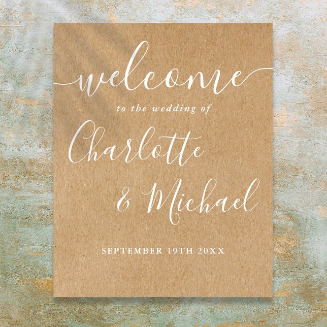 Póster Cartel de bienvenida de boda con letra script de R (Rustic Kraft Signature Script Wedding Welcome Sign)