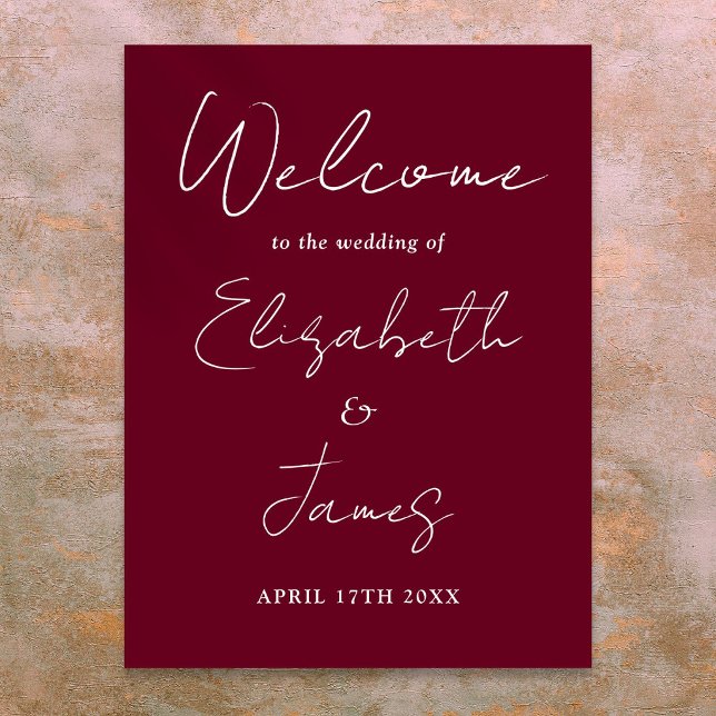 Póster Cartel de bienvenida de boda con letra script mini (Burgundy Minimalist Script Wedding Welcome Sign)