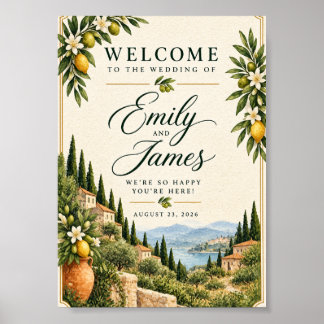 Póster Cartel de bienvenida de boda con limón mediterráne