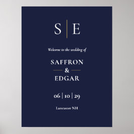 Póster Cartel de bienvenida de boda con monograma en azul