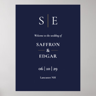 Póster Cartel de bienvenida de boda con monograma en azul