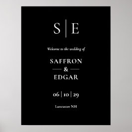 Póster Cartel de bienvenida de boda con monograma en blan