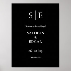 Póster Cartel de bienvenida de boda con monograma en blan