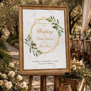 Póster Cartel de Bienvenida de Boda con Olivo y Dorado Ol