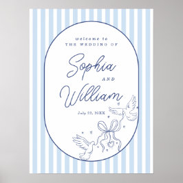 Póster Cartel de bienvenida de boda con raya azul dibujad