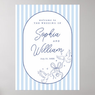 Póster Cartel de bienvenida de boda con raya azul dibujad