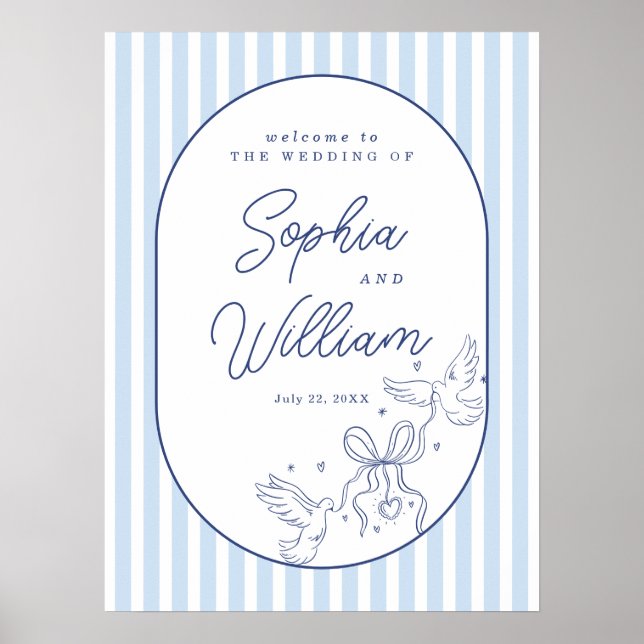 Póster Cartel de bienvenida de boda con raya azul dibujad (Frente)