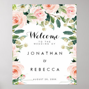 Póster cartel de bienvenida de boda con rosas florales so