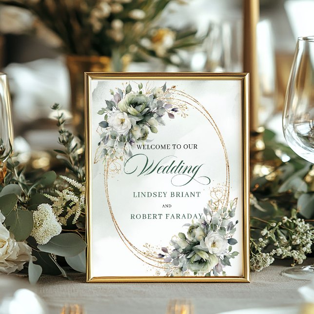 Póster Cartel de bienvenida de boda con vegetación de col (Natural Sage Green Greenery Wedding Welcome Sign)
