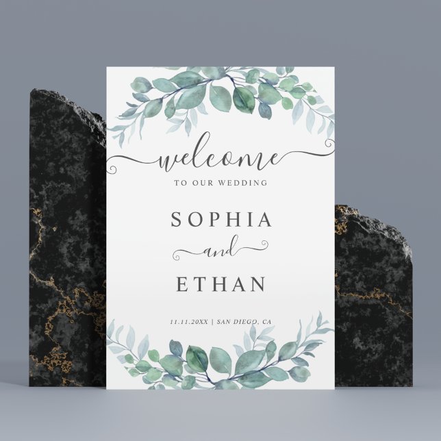Póster Cartel de bienvenida de boda con vegetación de euc (Elegant Eucalyptus Greenery Wedding Welcome Sign)