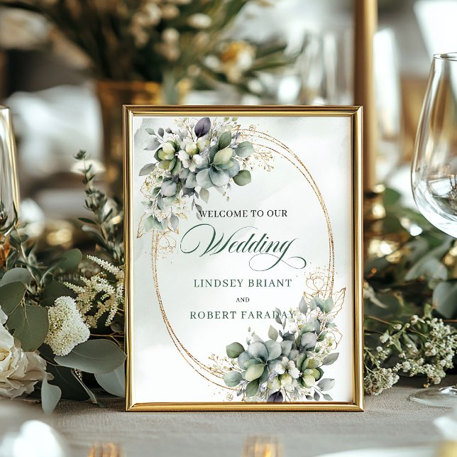 Póster Cartel de bienvenida de boda con vegetación suave  (Soft Greenery and Gold Wedding Welcome Sign)