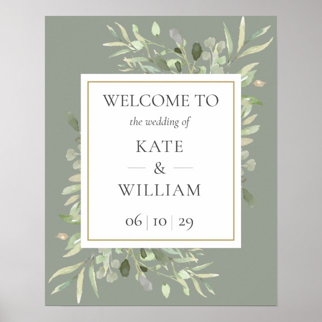 Póster Cartel de bienvenida de boda con verde salvia (Frente)